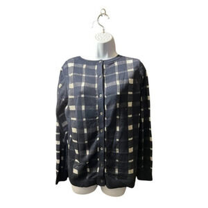 Banana Republic Women Sweater Large Blue Check Back Button Crew Neck Lightweight